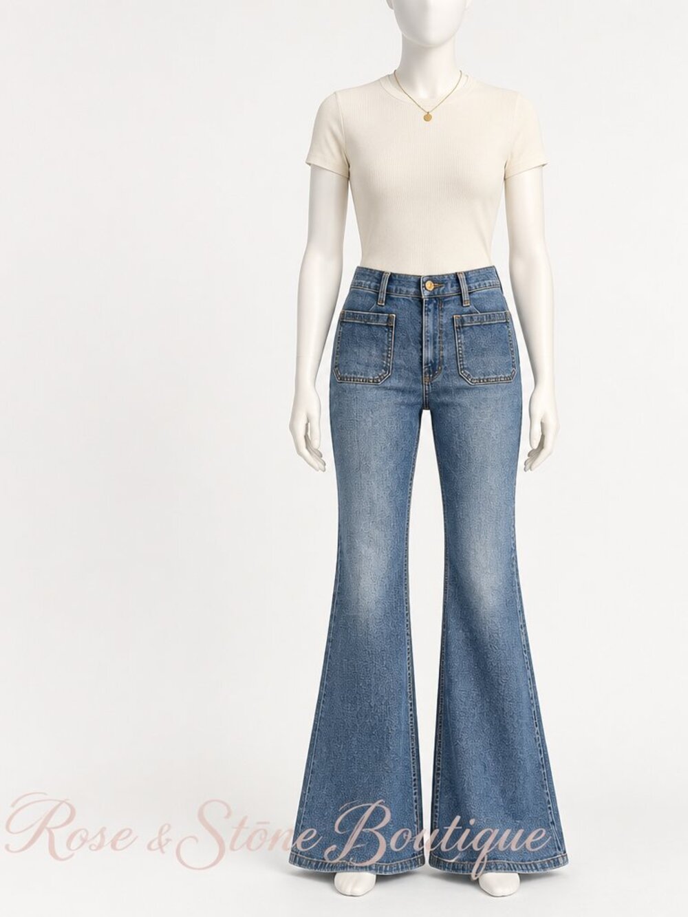GAP ’70s High Rise Flare Jeans Indigo Front Patch Pockets 31/12 Regular